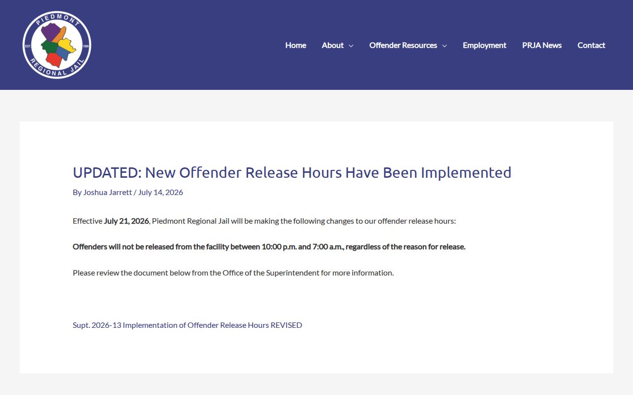 Piedmont Regional Jail release hours for Prince Edward County releases