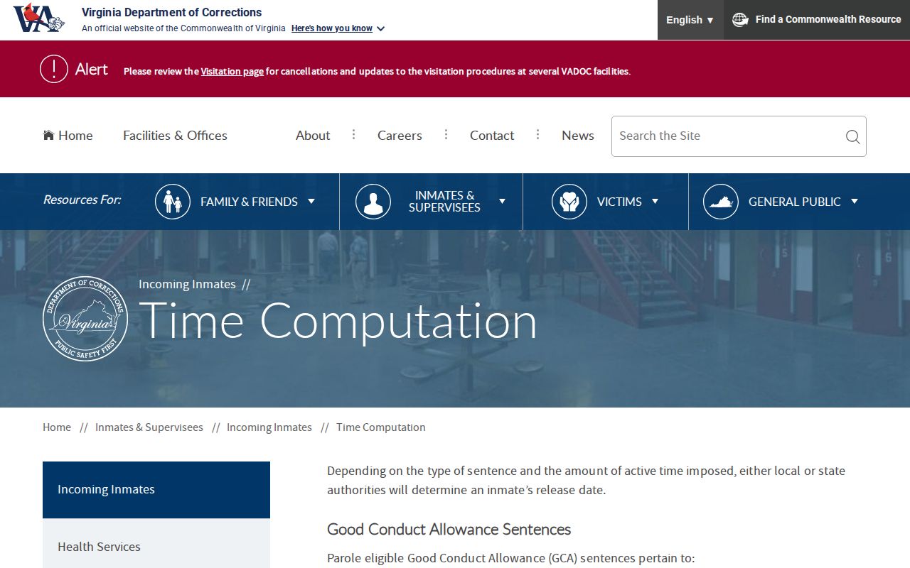 Prince Edward County projected release date time computation information from VADOC