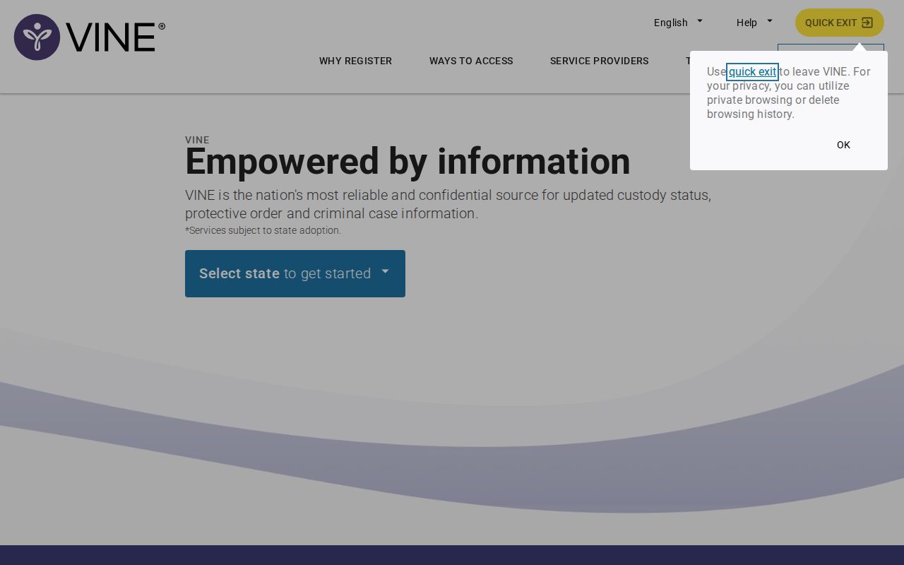 Prince Edward County VINELink inmate check state selection and person search